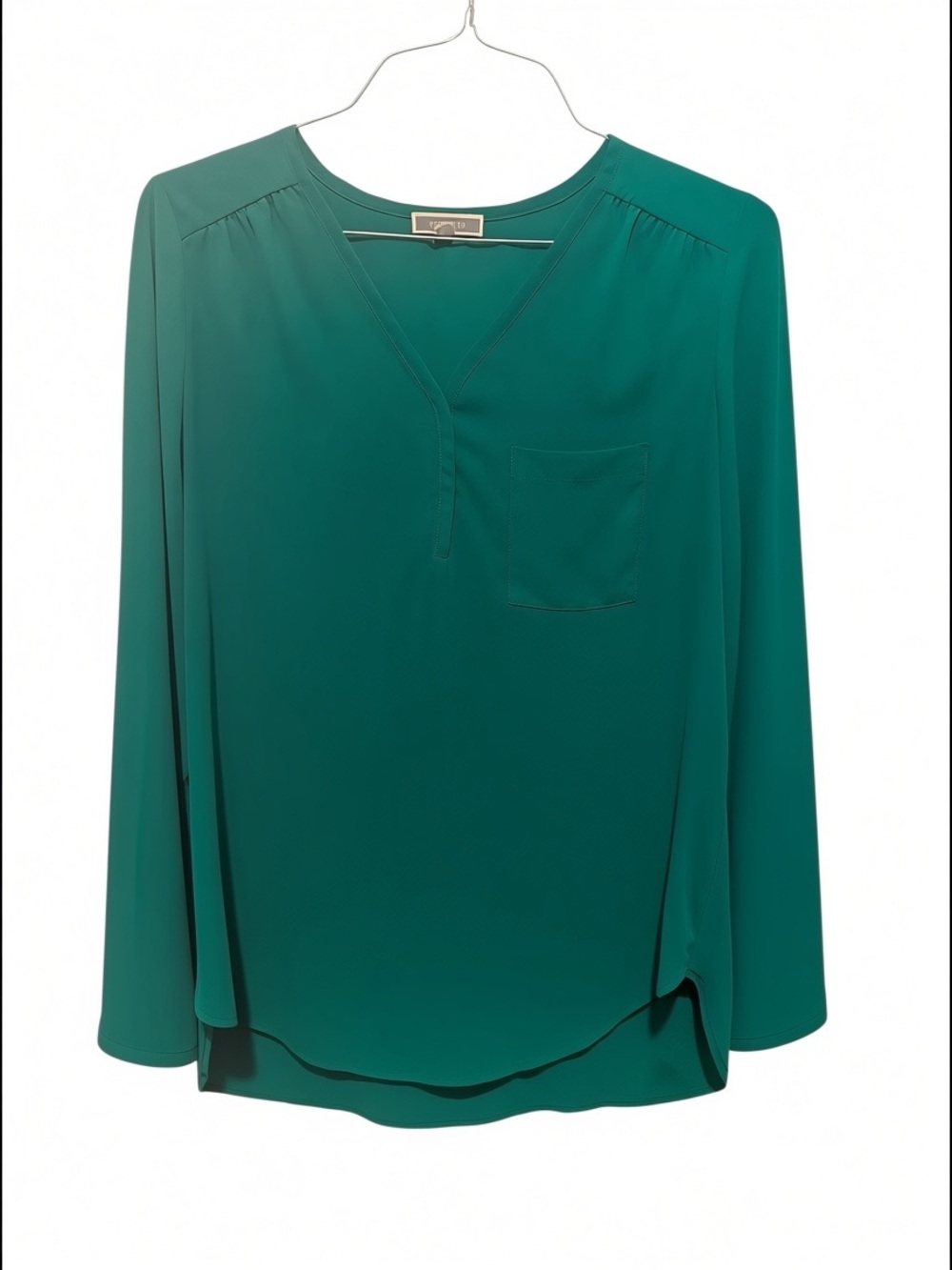 Pleione Green V-Neck Long Balloon Sleeve Blouse w/Flowy Fit MEDIUM
